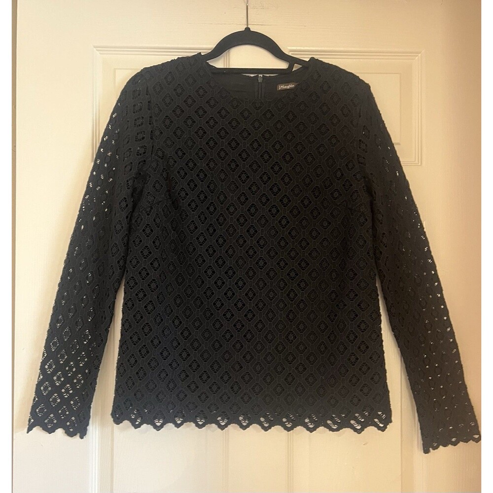 J. McLaughlin Lissa Black Eyelet Lace Top Blouse Sz M Long Sleeve Scalloped Hem
